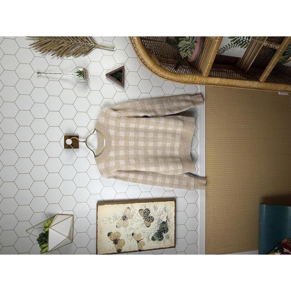 Evereve Beige Tan Collete Checkered Crewneck Lightweight Sweater - Size - XS